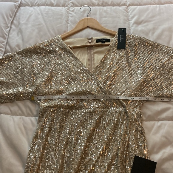 Lulu's Size Large Gold Sequin Faux Wrap Short Sleeve Mini Party Dress New w/tag - Picture 8 of 15